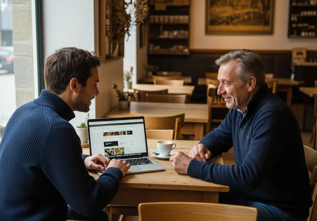 Freelance web et client artisan brestois autour d'un laptop dans un café local — prestataire web Brest proximité et échange direct