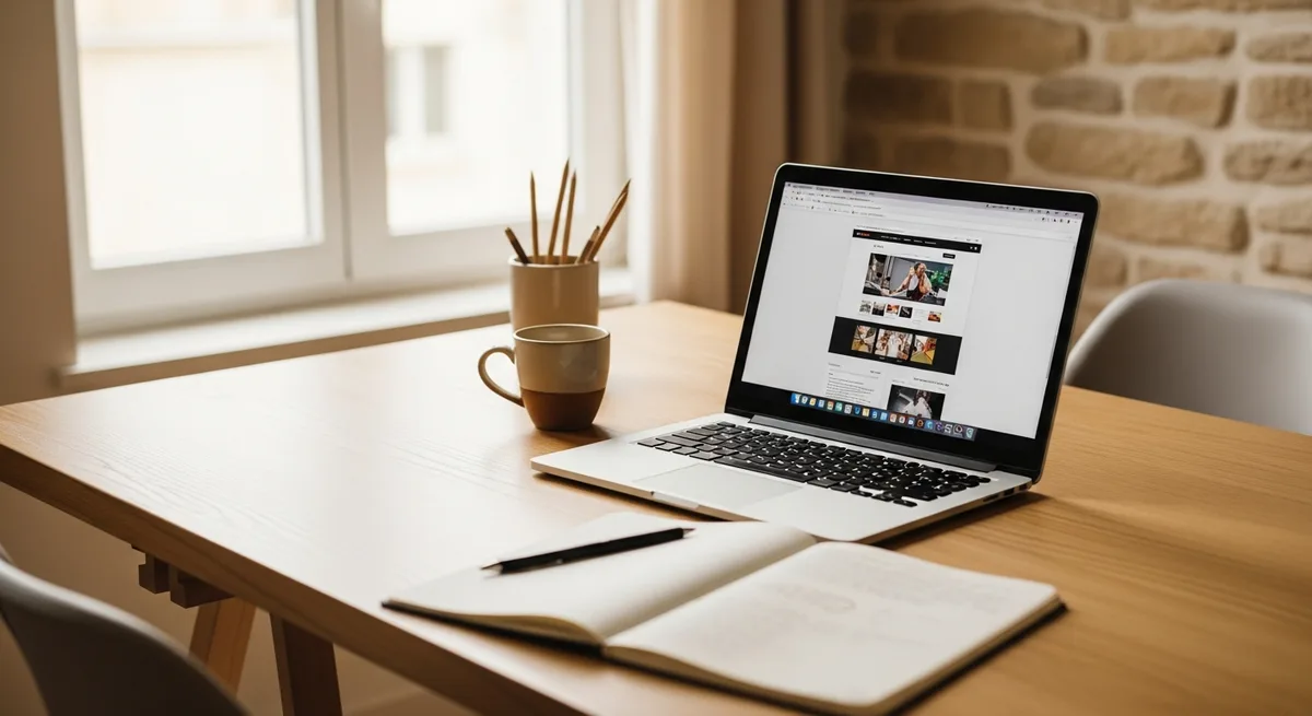 Bureau chaleureux d'un freelance web brestois — laptop ouvert sur un site en conception, lumière naturelle, atmosphère locale et accessible
