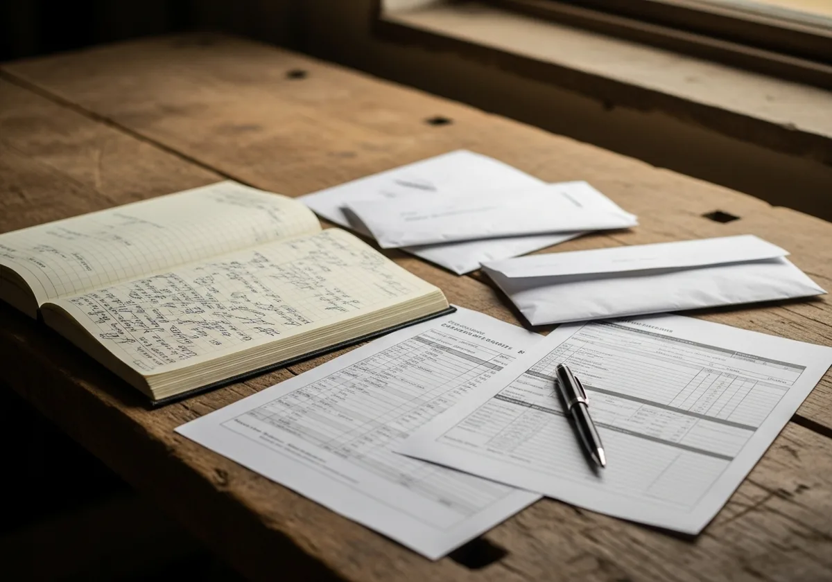 Documents administratifs et carnet de devis étalés sur un établi d'artisan — subvention création site web