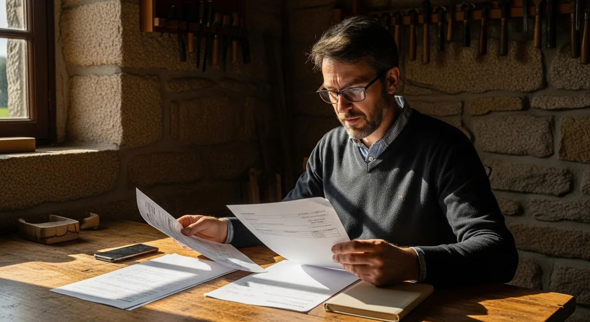 Artisan en atelier de pierre consultant des documents administratifs — aide financement site internet