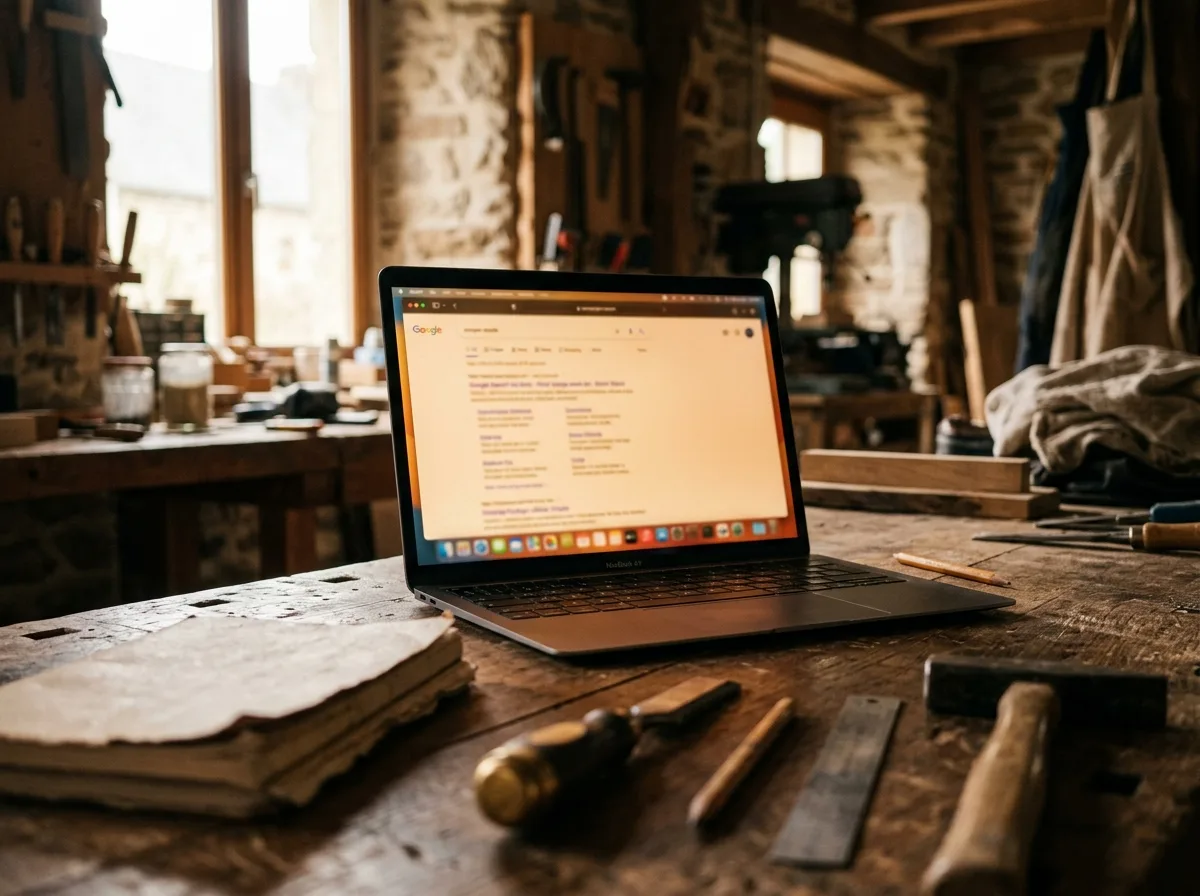 Gros plan sur un ordinateur portable affichant une page de résultats Google, posé sur un établi d'artisan dans un atelier breton en pierre