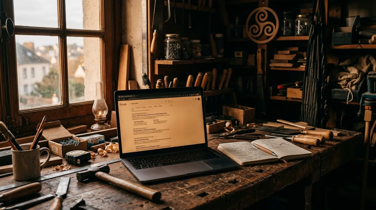Ordinateur portable affichant une page de résultats Google sur un établi d'artisan breton, atelier chaleureux à Brest