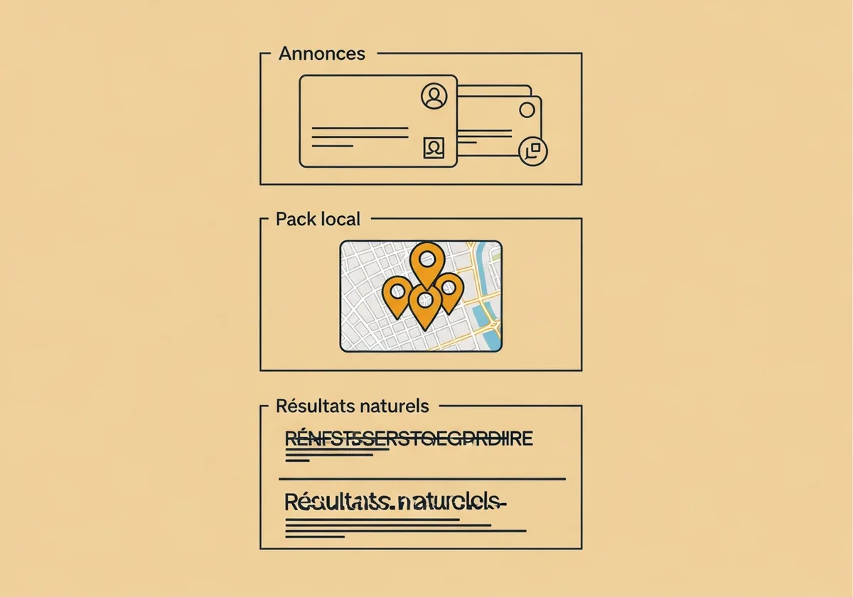 Schéma des 3 zones de résultats Google : annonces payantes, pack local avec carte, résultats naturels organiques — comprendre la page de résultats pour un artisan à Brest