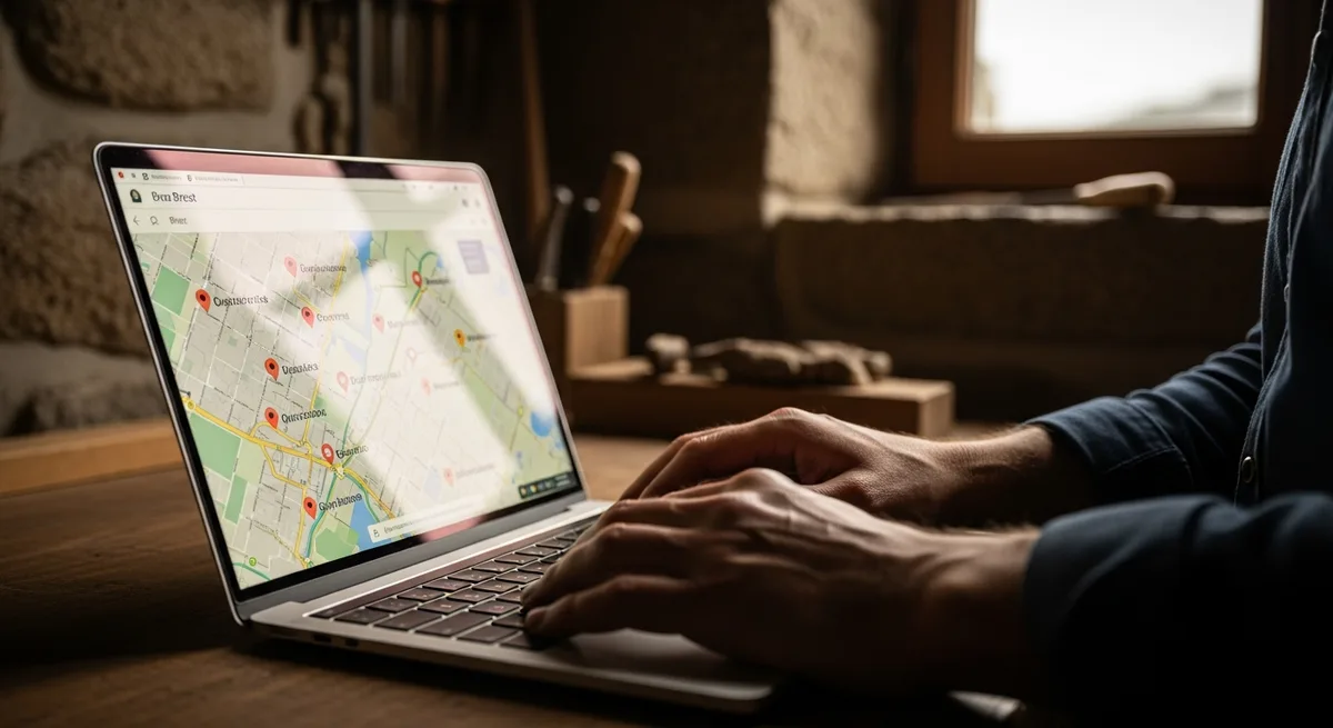 Artisan breton devant un laptop ouvert sur une interface cartographique locale — référencement Google et visibilité locale à Brest