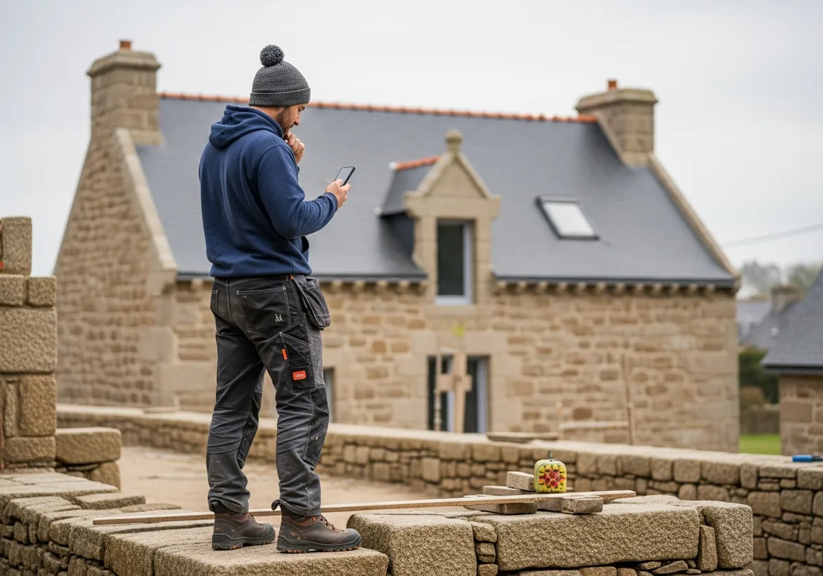 Artisan breton sur un chantier de rénovation en pierre consultant son smartphone, bâtisse en granit et toit ardoise en arrière-plan — numérique artisan Finistère