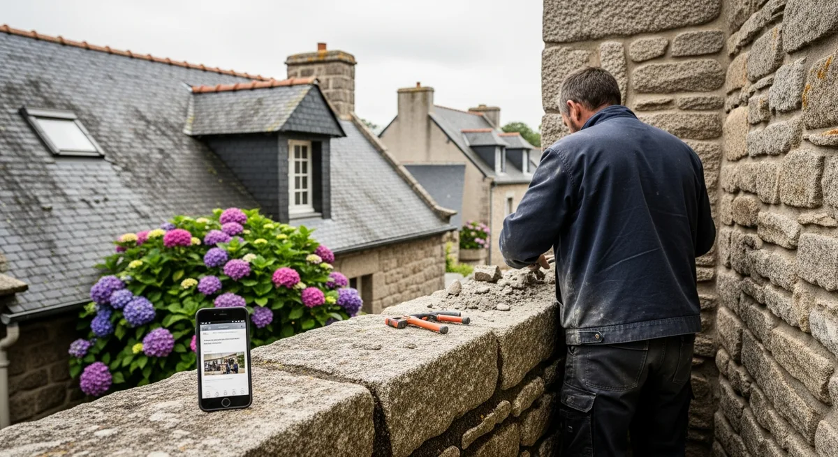 Artisan en tenue de chantier travaillant sur un mur en pierre granitique breton, smartphone posé sur le muret — présence internet artisan Bretagne
