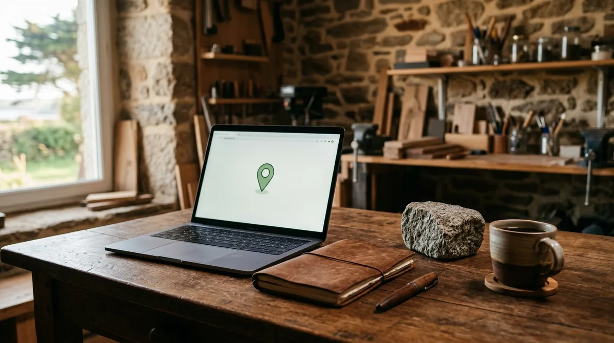 Ordinateur portable et carnet sur un établi d'artisan breton en pierre — backlinks TPE locale