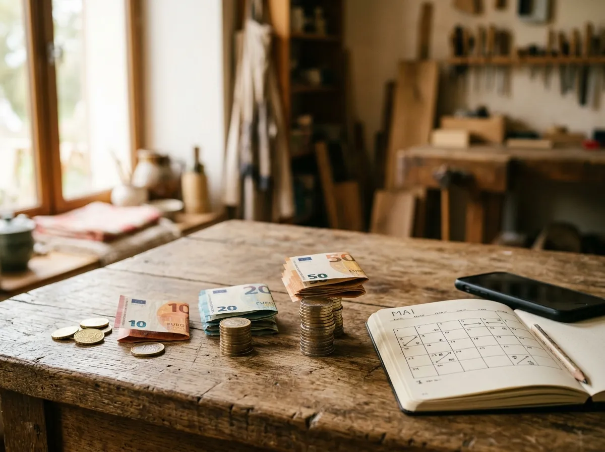 Trois piles de billets et pièces d'euros de hauteur croissante à côté d'un calendrier de publications, illustrant les niveaux de budget community manager pour une TPE