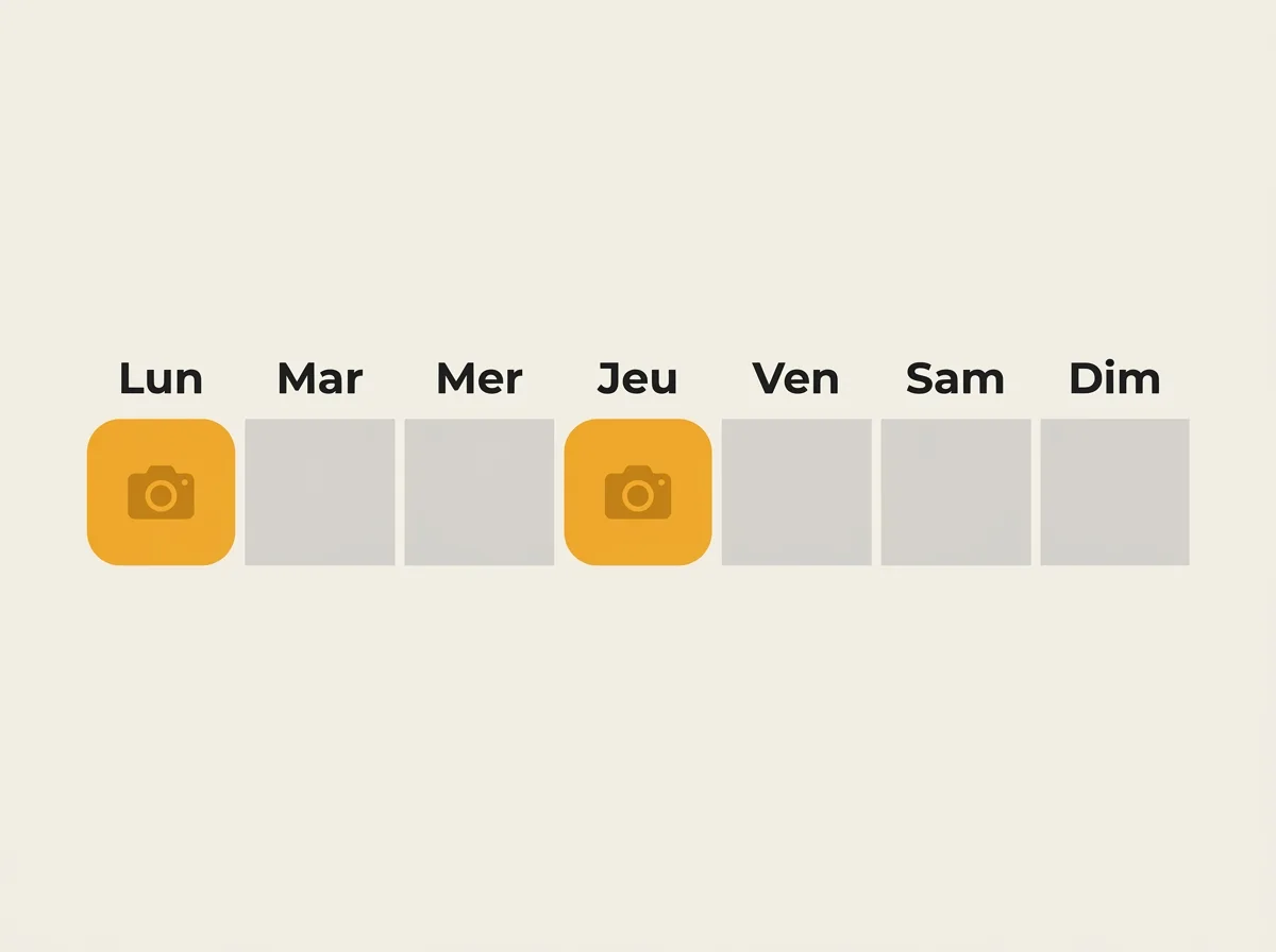 Calendrier hebdomadaire montrant deux créneaux de publication, lundi et jeudi, pour la cadence réseaux sociaux d'un artisan