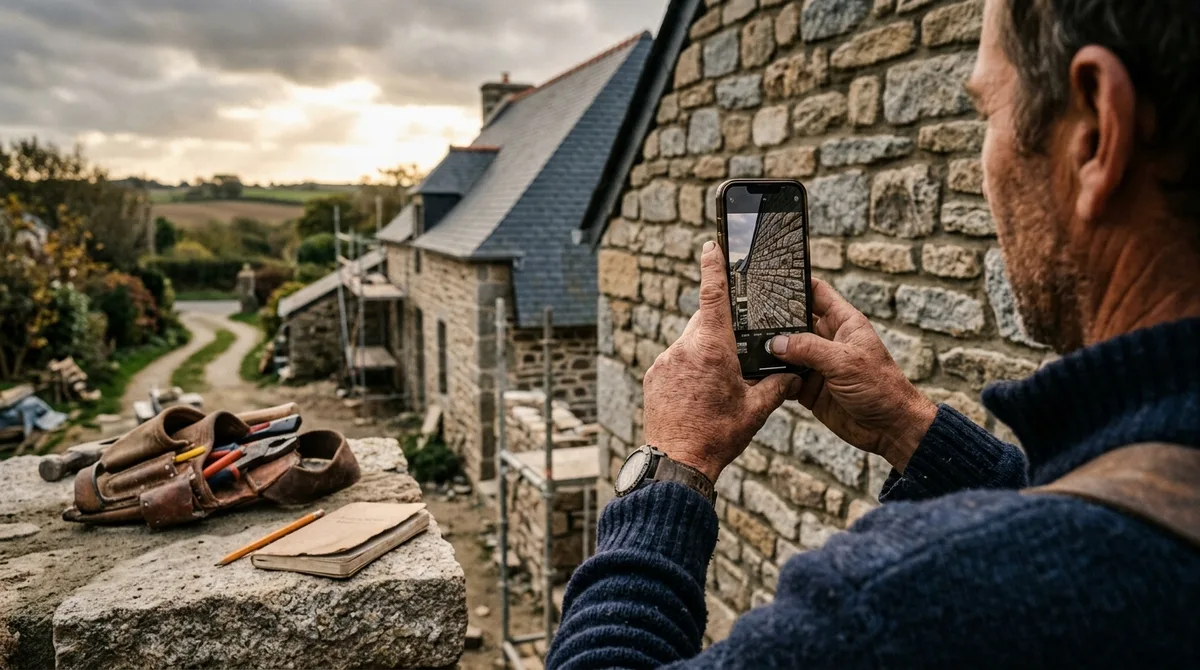 Artisan photographiant avec son smartphone un mur en pierre fraîchement rénové sur un chantier en Bretagne