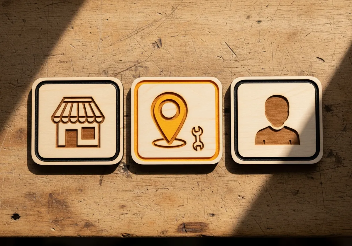 Trois plaques en bois symbolisant les formules de nom de domaine artisan : nom d'entreprise, métier et ville, prénom
