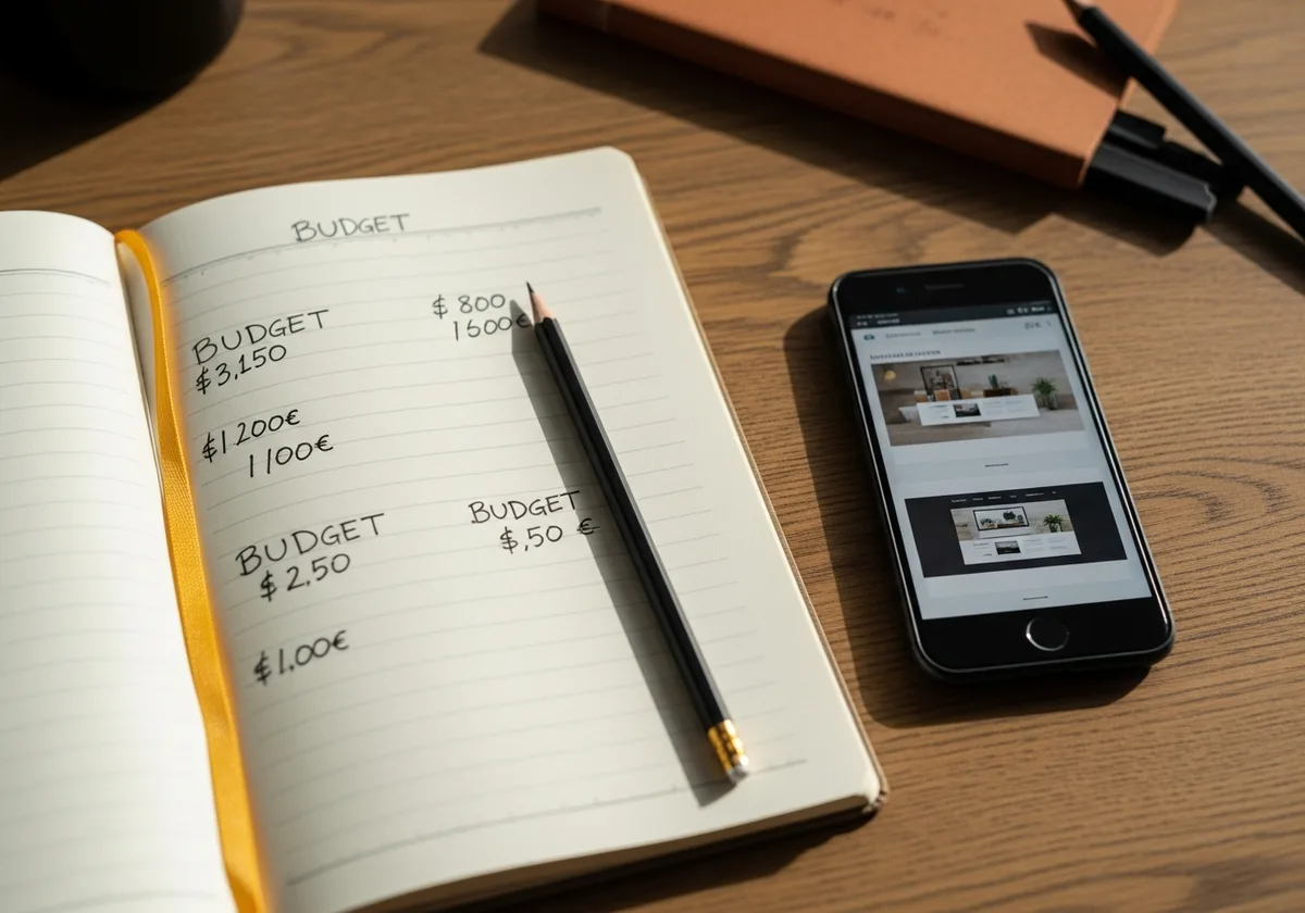 Bureau d'artisan breton avec carnet de notes et prix manuscrits, smartphone montrant un site web — budget site vitrine artisan