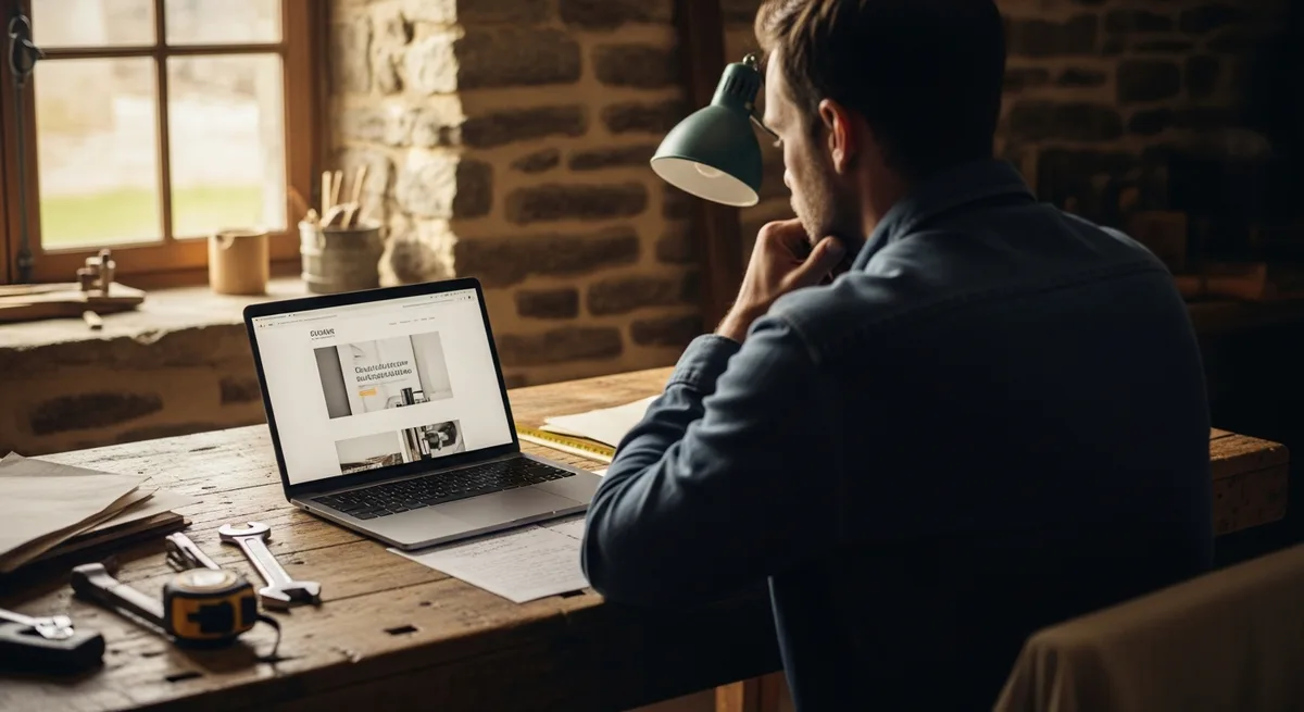 Artisan breton dans son atelier regardant un site web professionnel sur son ordinateur portable — prix site internet artisan