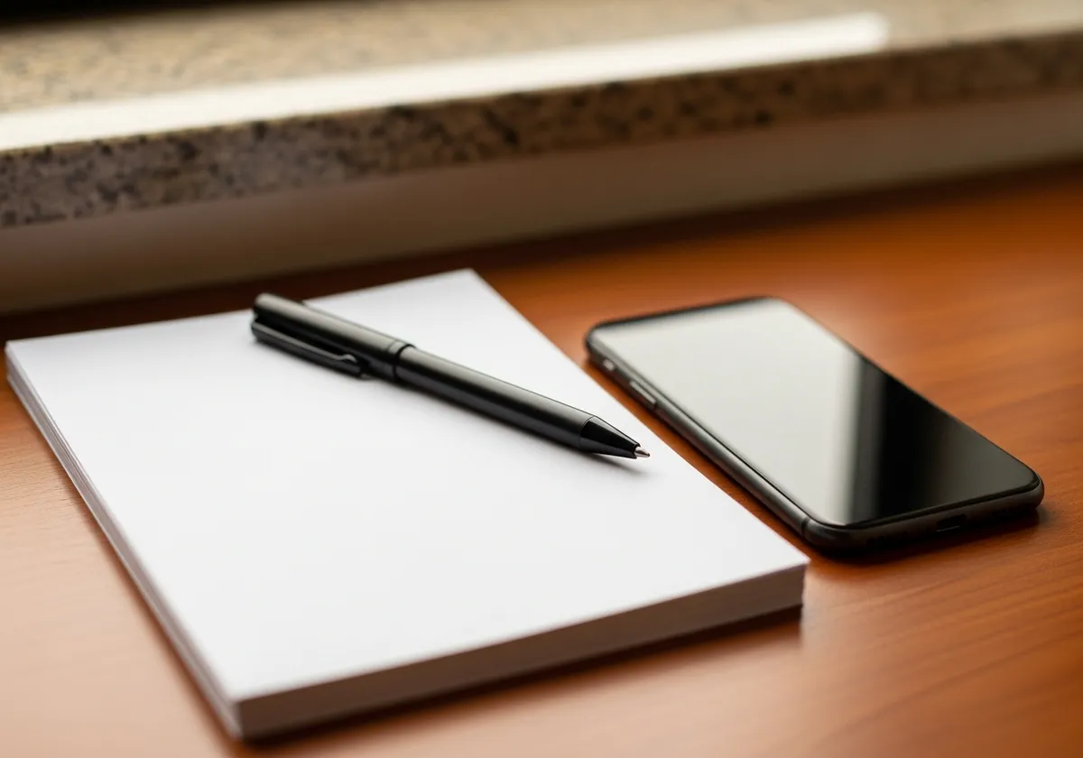 Carnet vierge, stylo et téléphone posés sur un bureau en bois avec un rebord en granit — suivi des demandes Google Ads d'un artisan