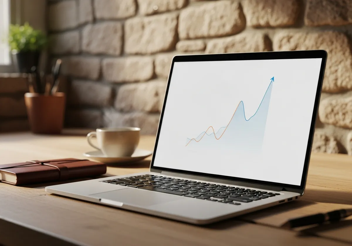 Écran d'ordinateur portable montrant une courbe de performance ascendante sur un établi en bois, illustrant la progression d'une campagne Google Ads petit budget sur plusieurs mois