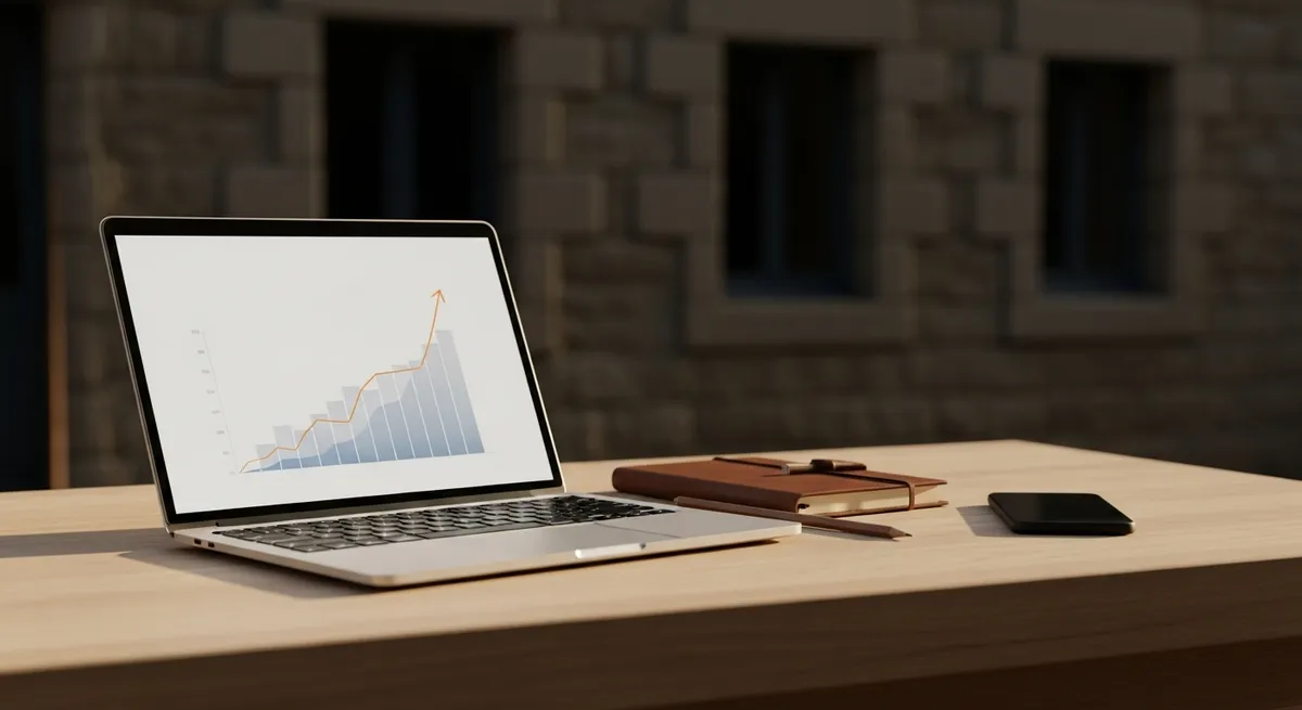 Laptop d'artisan affichant un graphique de performance ascendant, notebook et téléphone sur un établi — démarrer Google Ads petit budget