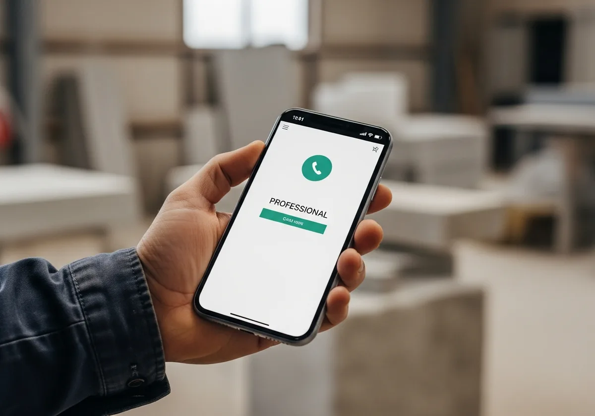 Main d'artisan tenant un smartphone affichant un site internet une page avec bouton d'appel visible — lancer site internet simple