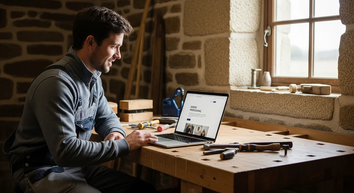 Artisan breton dans son atelier consultant un site web professionnel sur son ordinateur portable — site internet une page artisan