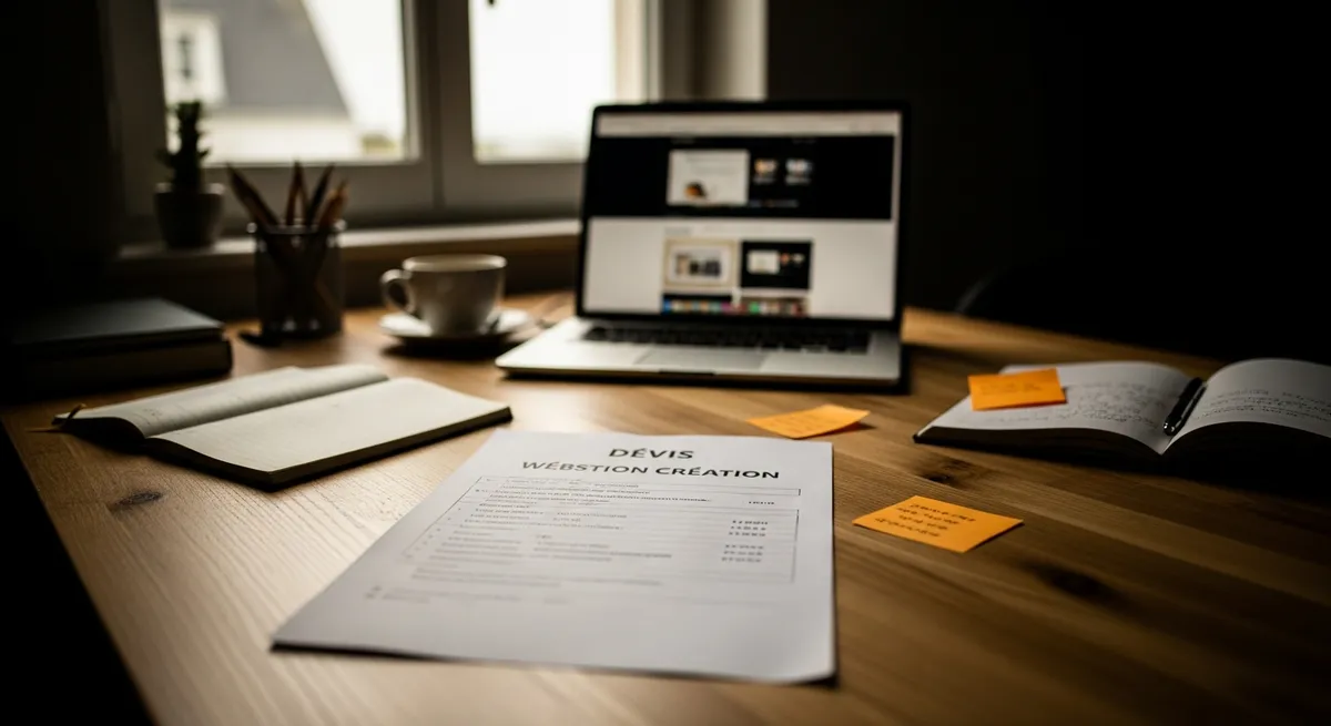 Devis de création de site internet posé sur un bureau en bois, à côté d'un ordinateur portable — agence web Brest