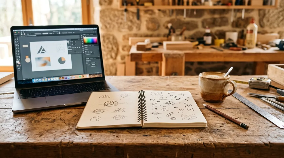 Bureau d'artisan avec carnet de croquis de logo et ordinateur portable — prix création logo artisan