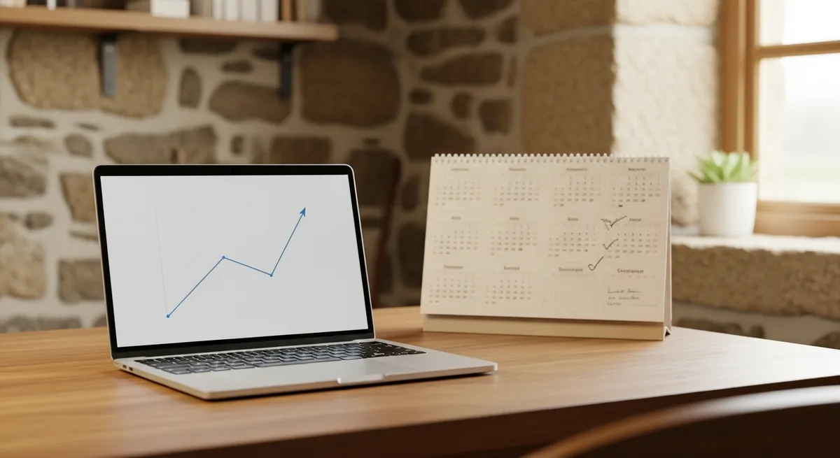 Ordinateur portable affichant une courbe de croissance à côté d'un calendrier, sur un bureau d'artisan breton — délai référencement Google