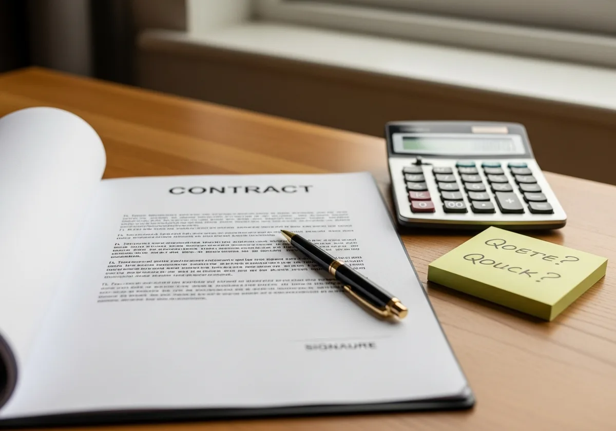 Bureau d'artisan avec contrat web ouvert, calculatrice et questions manuscrites — démarchage agence web