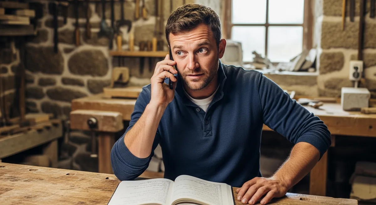 Artisan breton dans son atelier en pierre, téléphone à l'oreille, carnet de notes ouvert — agence web Brest