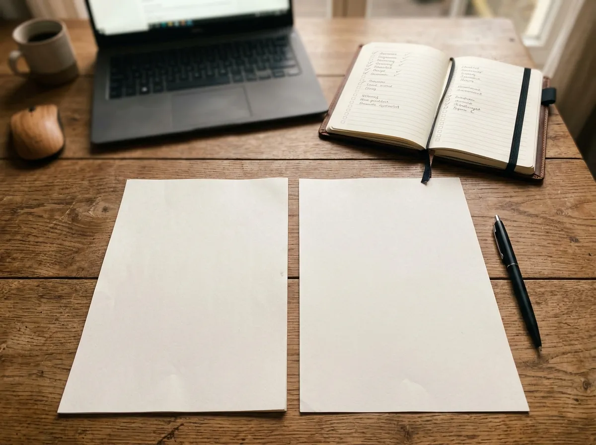 Deux devis vierges côte à côte sur un bureau en bois avec un carnet contenant une liste de questions à cocher
