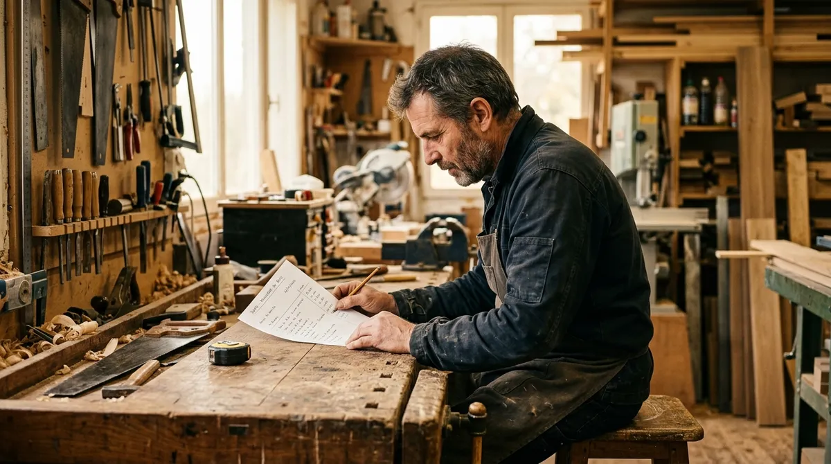 Menuisier de profil lisant un devis sur son établi dans un atelier bois, agence web Brest