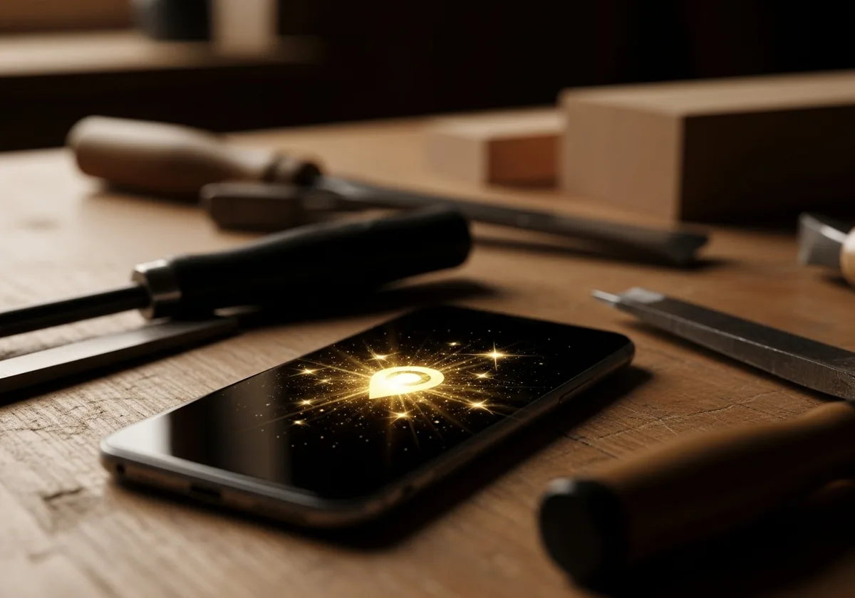 Smartphone posé sur un établi d'atelier avec une notification de localisation lumineuse à l'écran, symbole de l'e-réputation d'un artisan