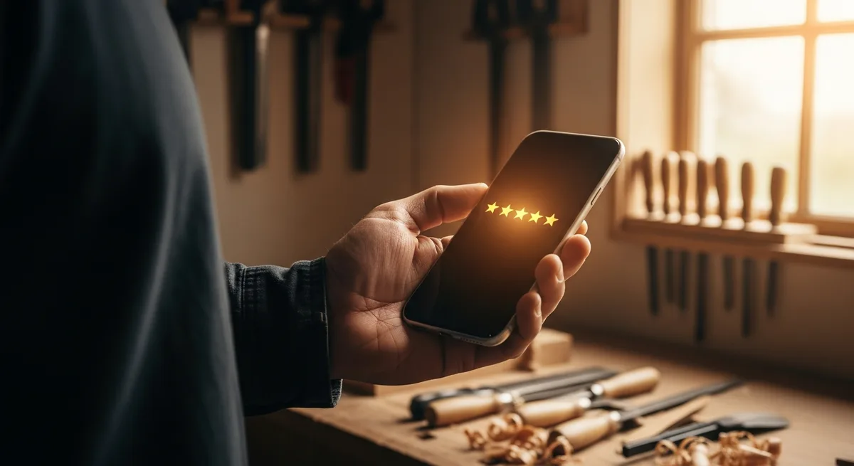 Artisan tenant un smartphone affichant une note cinq étoiles dans son atelier — e-réputation artisan