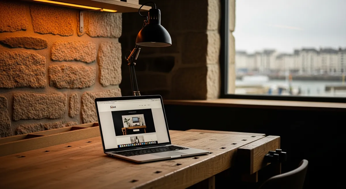 Ordinateur portable affichant un site web sur un établi d'artisan en pierre de granit, avec vue sur le port de Brest en arrière-plan