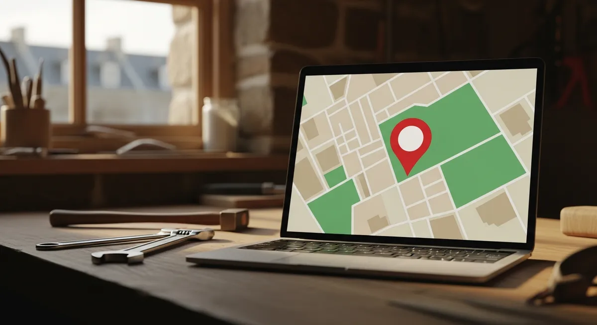 Ordinateur portable dans un atelier d'artisan breton affichant une carte avec un point de localisation, illustrant le ciblage géographique Google Ads