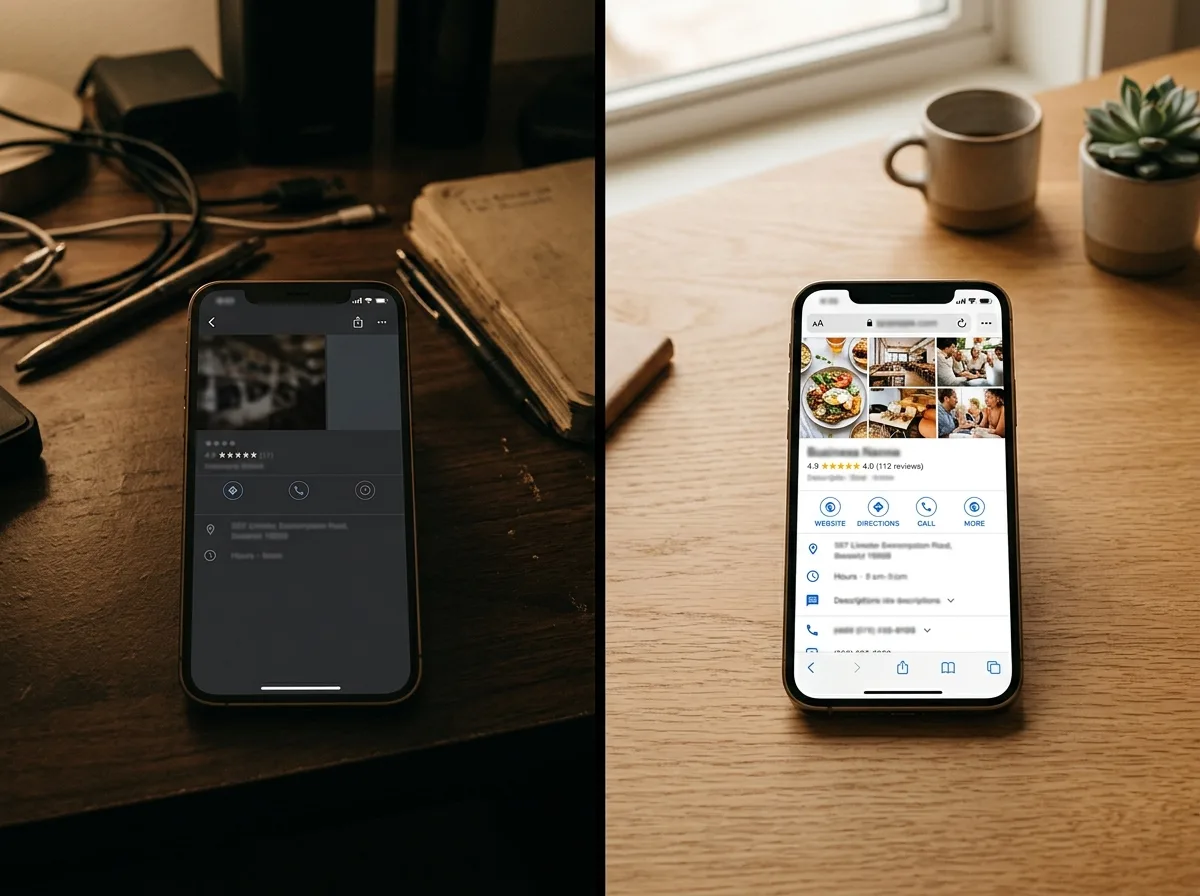 Comparaison d'une fiche Google Business Profile mal remplie, sombre et peu de photos, à gauche, et d'une fiche optimisée avec plusieurs photos et avis à droite