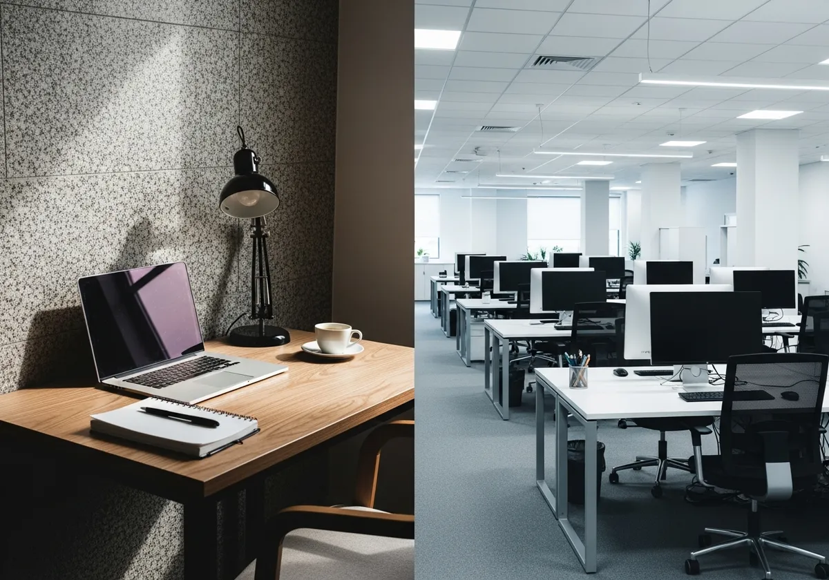 Comparaison visuelle entre un espace de travail freelance intimiste et un open space d'agence parisienne