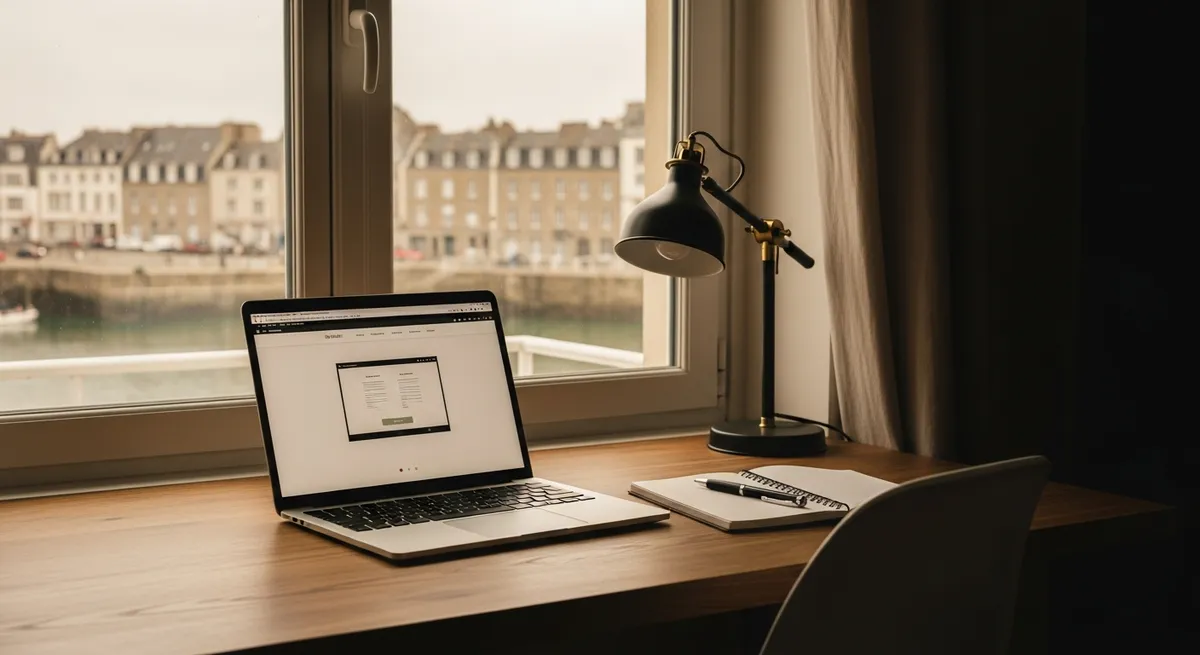Bureau d'un freelance web à Brest avec vue sur le port et les façades en pierre du Finistère