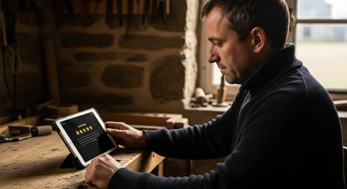 Artisan breton consultant un avis Google 5 étoiles sur tablette dans son atelier