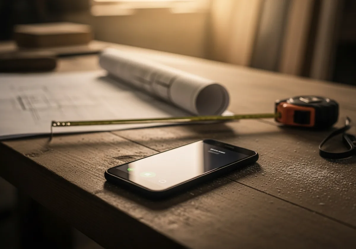 Smartphone allumé par un appel entrant sur un établi d'artisan, à côté d'un plan et d'un mètre ruban