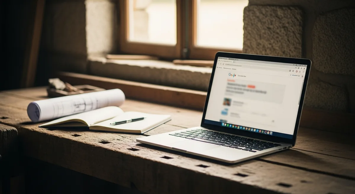 Ordinateur portable affichant une page de résultats Google sur un établi d'artisan breton — comment fonctionne Google Ads