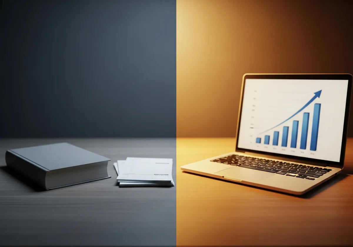 Comparaison visuelle entre un vieil annuaire Pages Jaunes fermé et un ordinateur portable affichant une courbe de résultats Google Ads en hausse