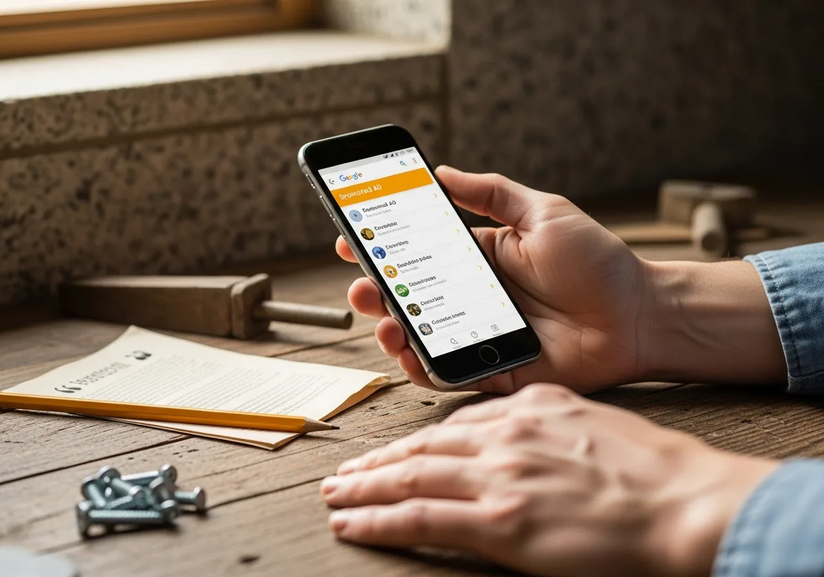 Mains d'artisan tenant un smartphone affichant des résultats Google Ads et SEO — atelier breton, lumière naturelle