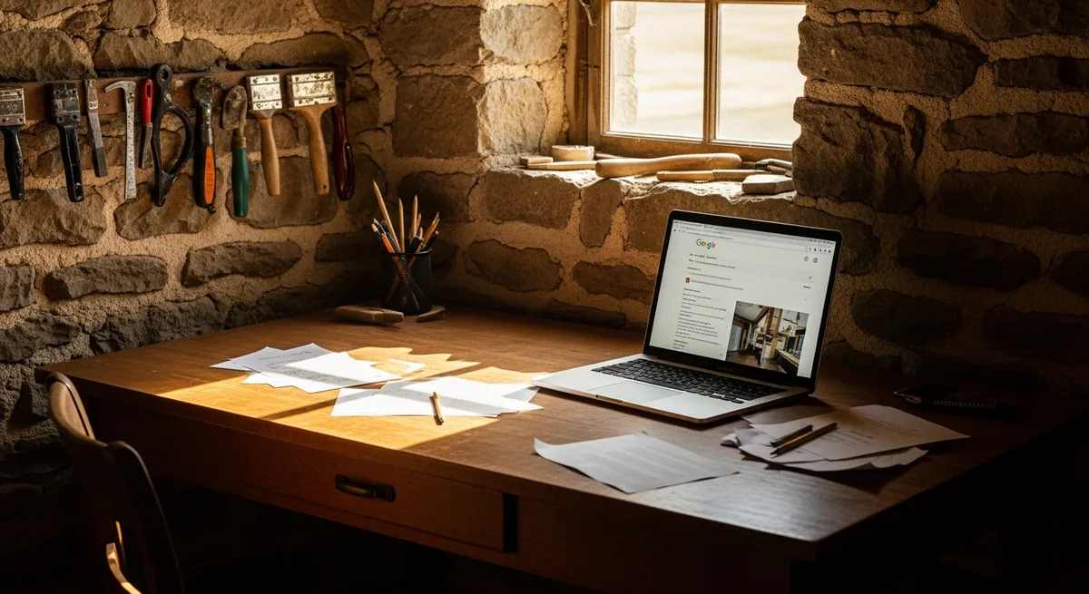 Coin bureau d'un artisan breton avec ordinateur portable ouvert sur Google — choix entre Google Ads et SEO naturel