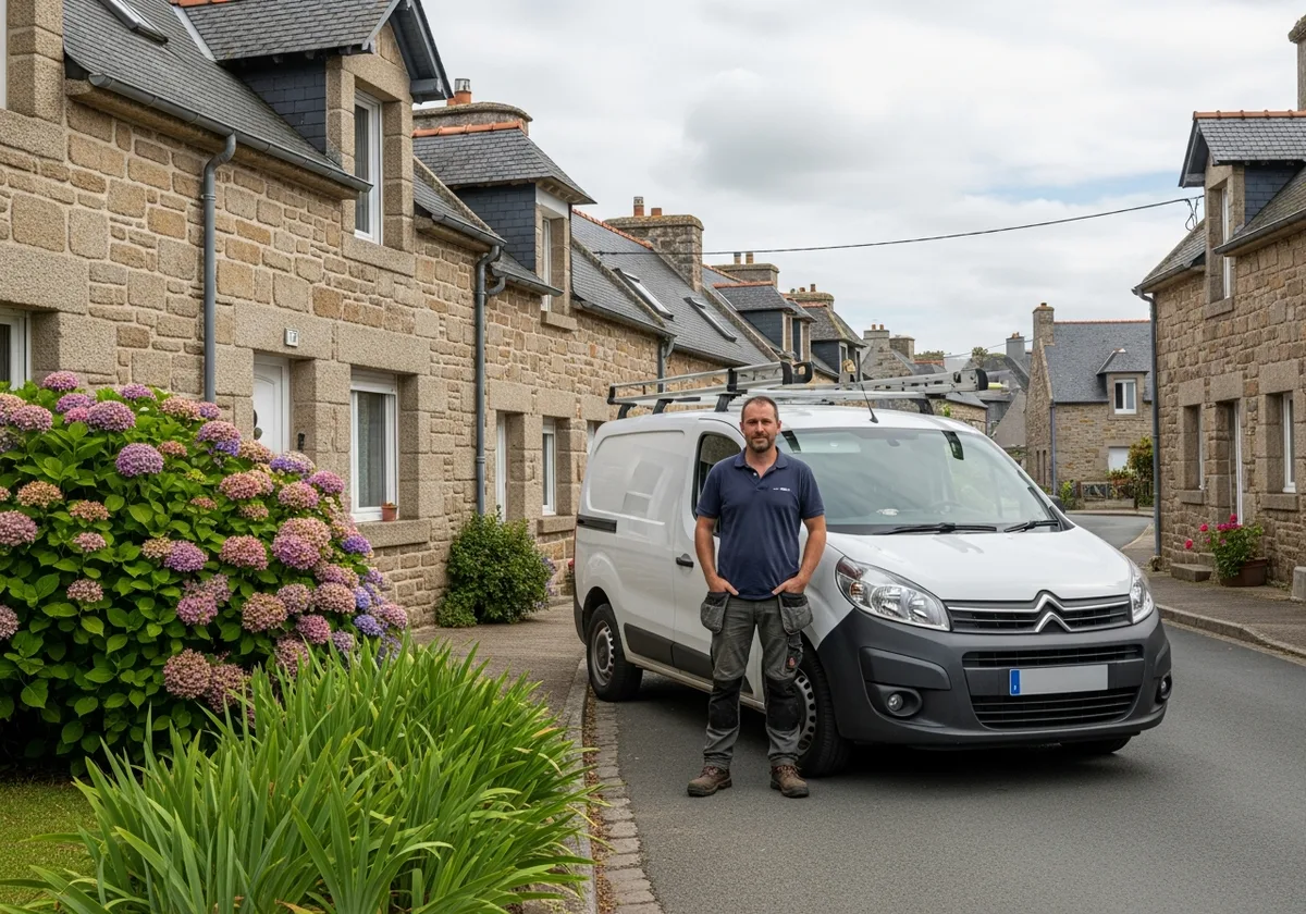 Artisan du Finistère devant son véhicule utilitaire dans une rue bretonne — zone d'intervention locale Google My Business