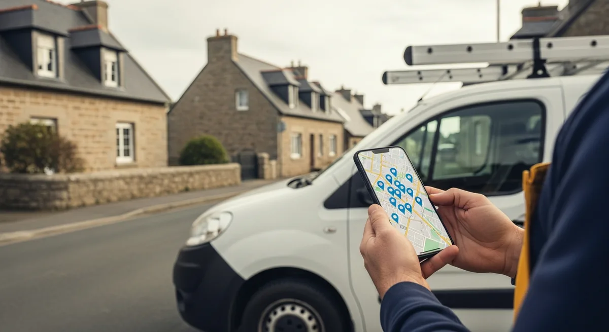 Artisan breton tenant un smartphone avec une carte de recherche locale — fiche Google My Business
