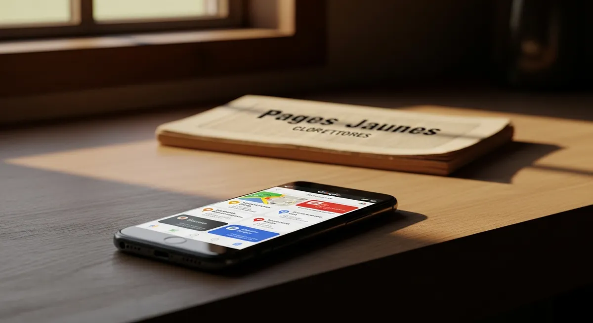 Smartphone affichant une recherche Google Maps locale posé sur un établi d'artisan, avec un ancien annuaire Pages Jaunes fermé en arrière-plan