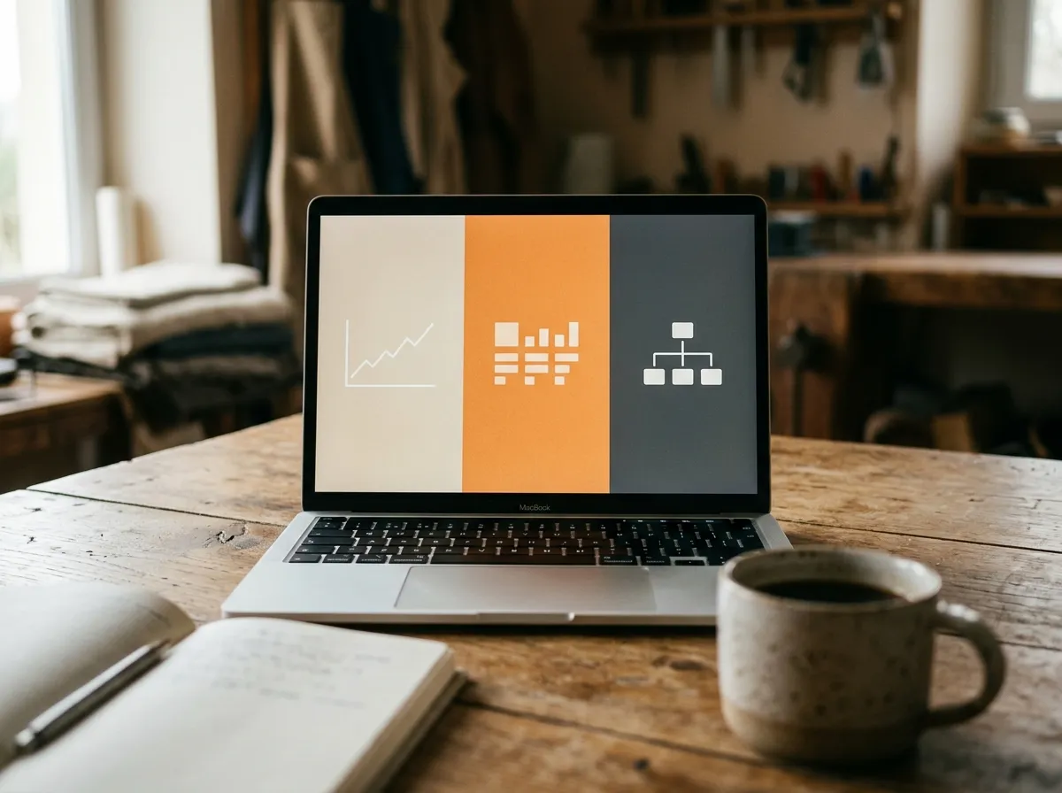 Écran d'ordinateur portable divisé en trois zones symbolisant les rapports Performances, Couverture et Sitemaps de Google Search Console, dans un atelier d'artisan breton