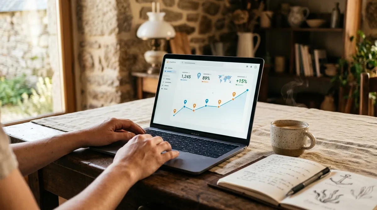 Artisan consultant les statistiques de son site sur un ordinateur portable, courbe de croissance à l'écran — Google Search Console artisan