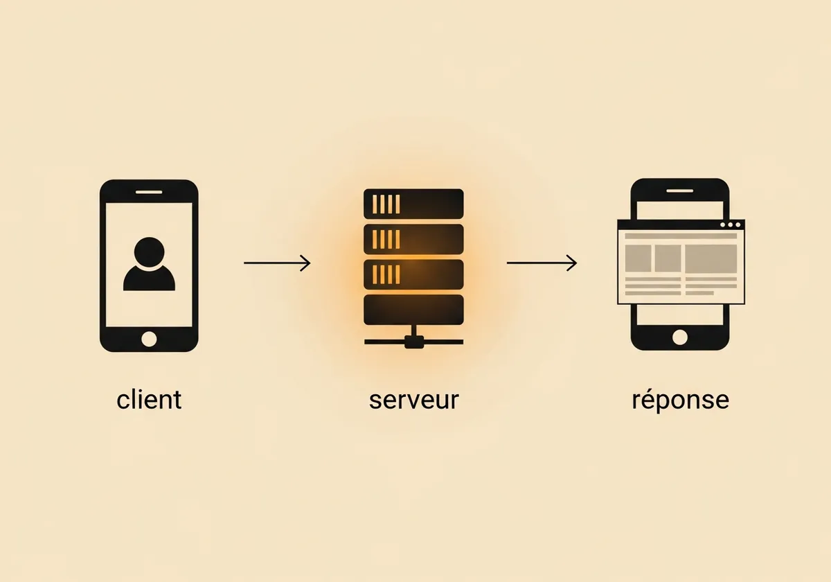 Schéma du trajet d'une requête entre le smartphone d'un client et le serveur d'hébergement web