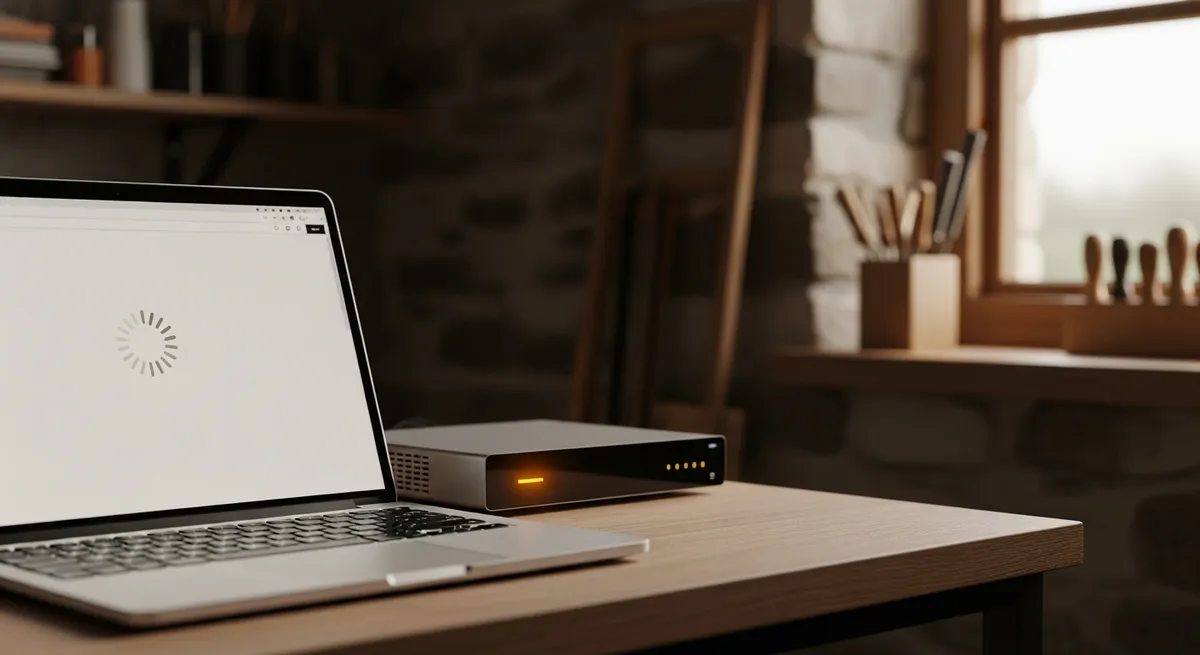 Ordinateur portable en chargement à côté d'un petit boîtier serveur — hébergement web artisan, atelier breton