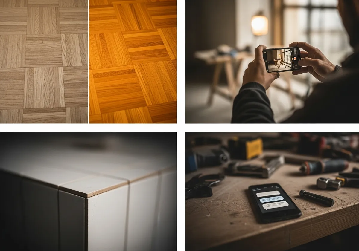 Planche photo des quatre formats de publication Instagram pour artisan bâtiment : avant/après parquet, coulisses de chantier filmées au smartphone, gros plan finition carrelage, avis client en story